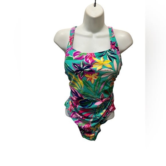 Stella Parker Shirred Multi-Color Hawaiian Floral One Piece Swimsuit Sz M New - Picture 2 of 11